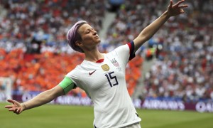 United States' Megan Rapinoe celebrates after scoring the opening goal from the penalty spot during the Women's World Cup final soccer match between US and The Netherlands at the Stade de Lyon in Decines, outside Lyon, France, Sunday, July 7, 2019. (AP Photo/Francisco Seco) ORG XMIT: XAF175