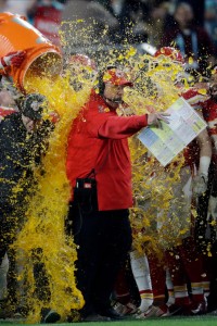 Kansas City Chiefs head coach Andy Reid is doused on the sideline during the second half of the NFL Super Bowl 54 football game against the San Francisco 49ers Sunday, Feb. 2, 2020, in Miami Gardens, Fla. (AP Photo/John Bazemore)